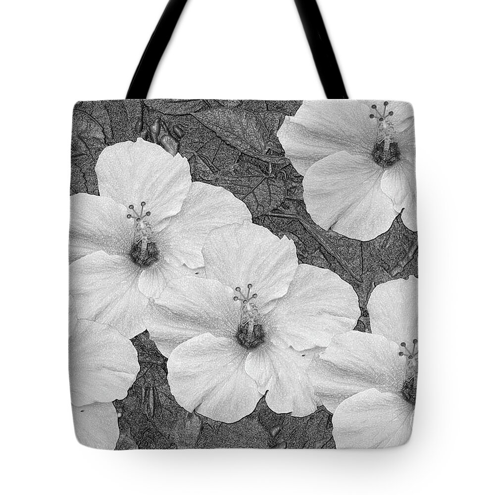 Hibiscus Tote Bag featuring the mixed media Hibiscus Artwork B/W by Debra Kewley