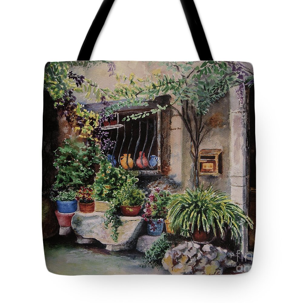 Courtyard Tote Bag featuring the painting Hidden Courtyard by Karen Fleschler