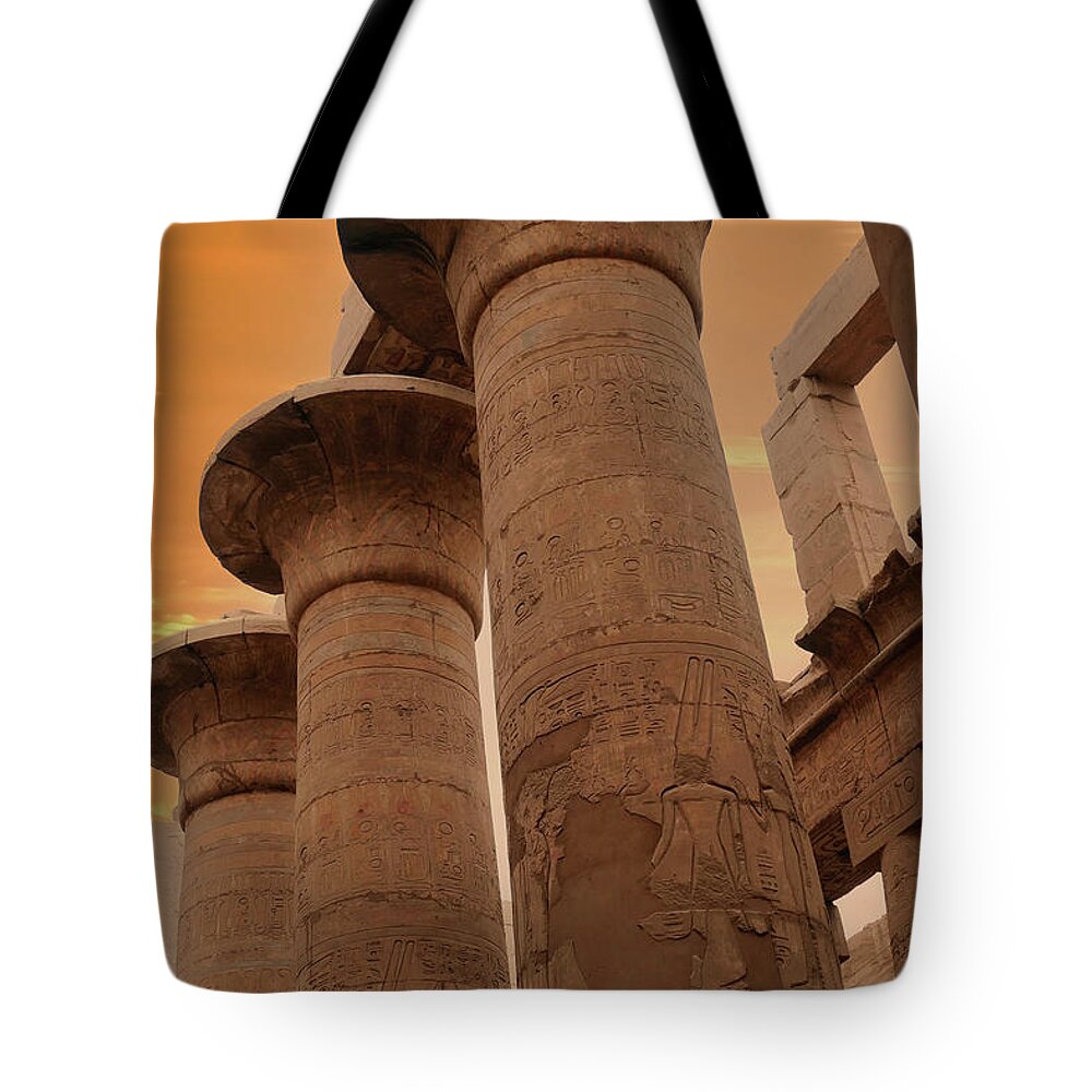 Corinthian Tote Bag featuring the photograph Hieroglyphics  hypostyle hall of Karnak Temple #buyIntoArt by Steve Estvanik