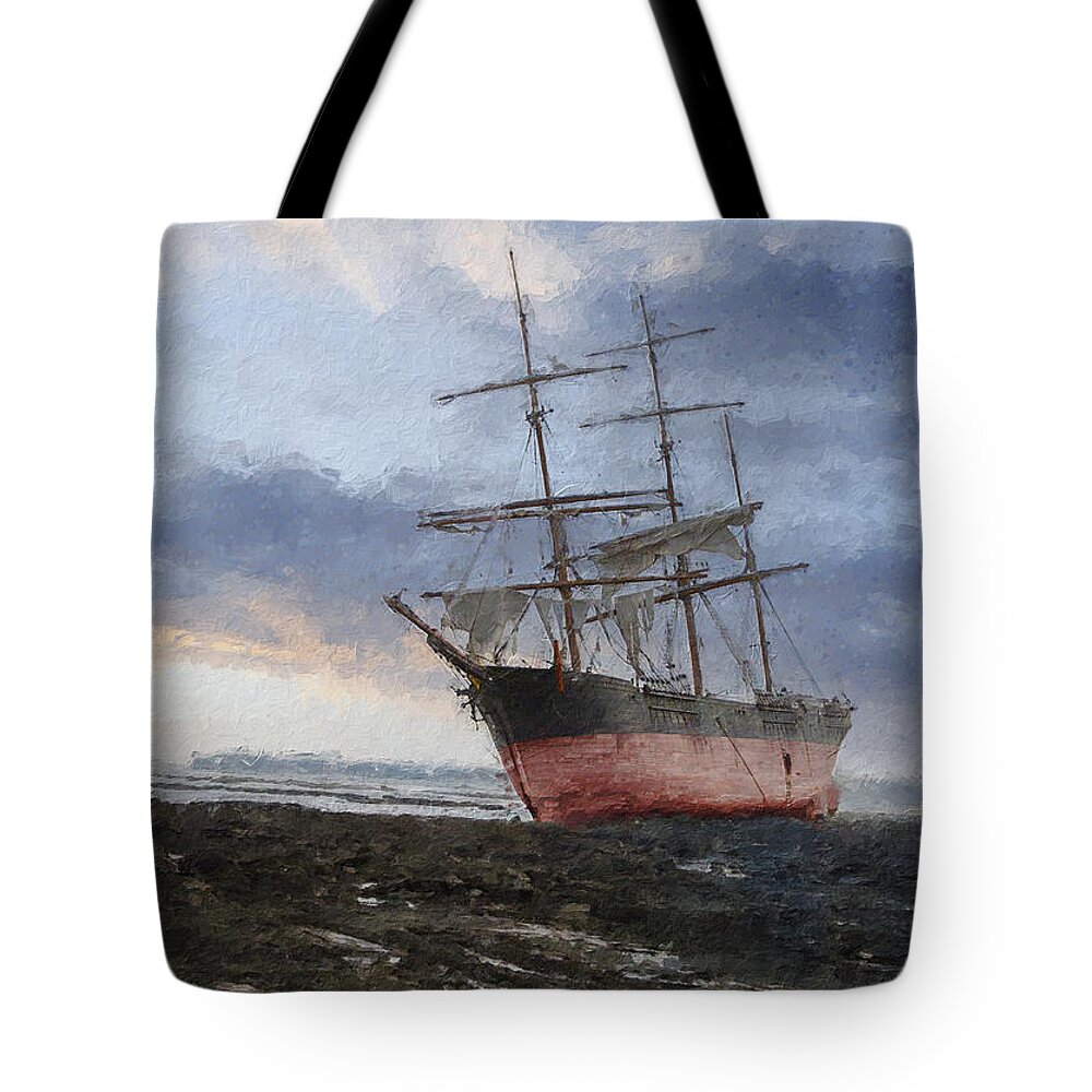 Sailing Ship Tote Bag featuring the digital art High and dry by Geir Rosset