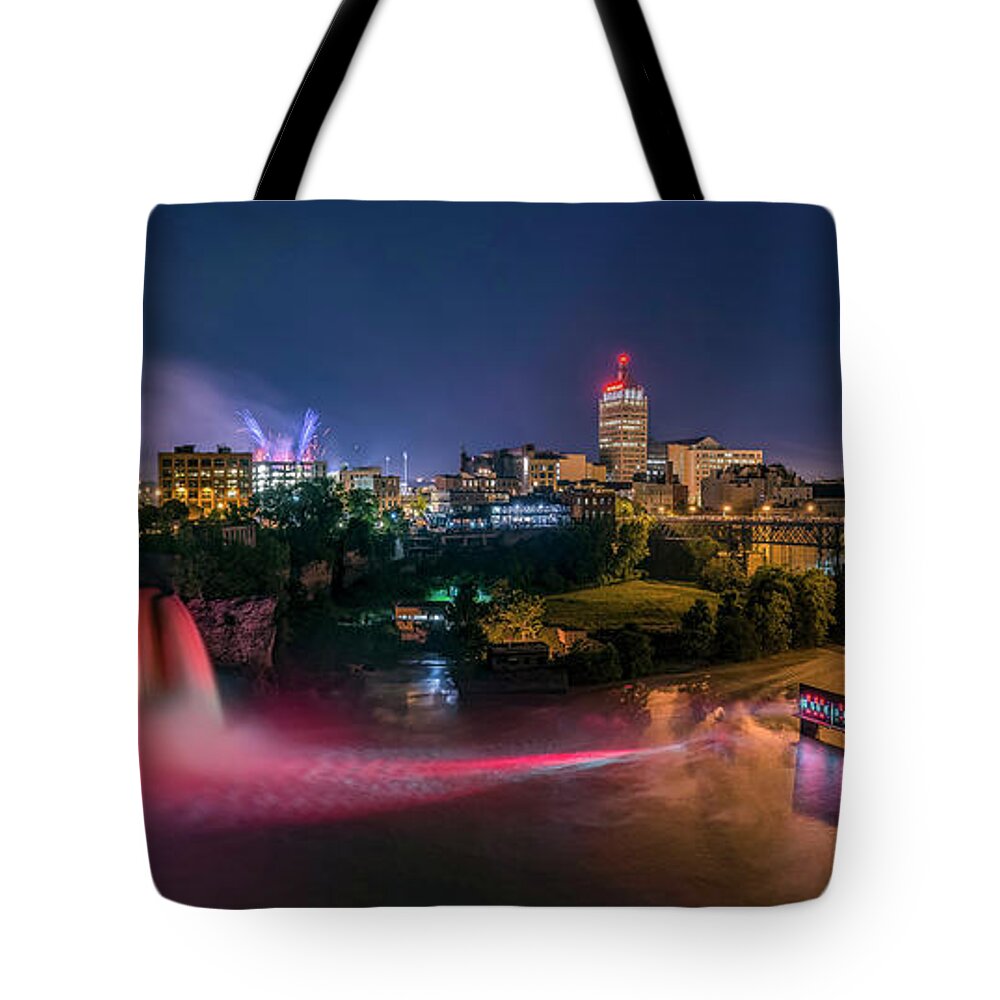 Landscape Tote Bag featuring the photograph High Falls Light Show by Mark Papke