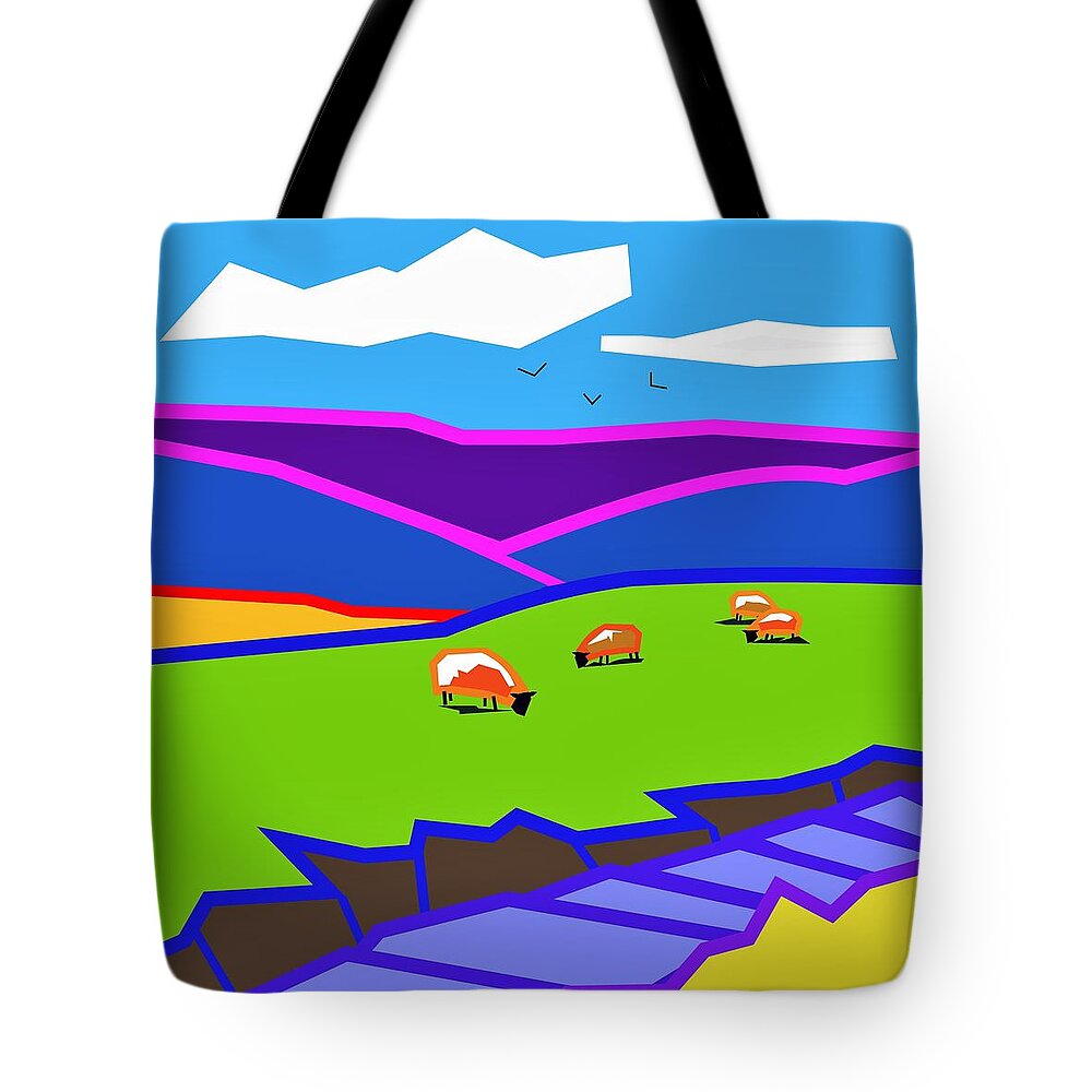 Landscape Art Tote Bag featuring the digital art High Grazing by Fatline Graphic Art