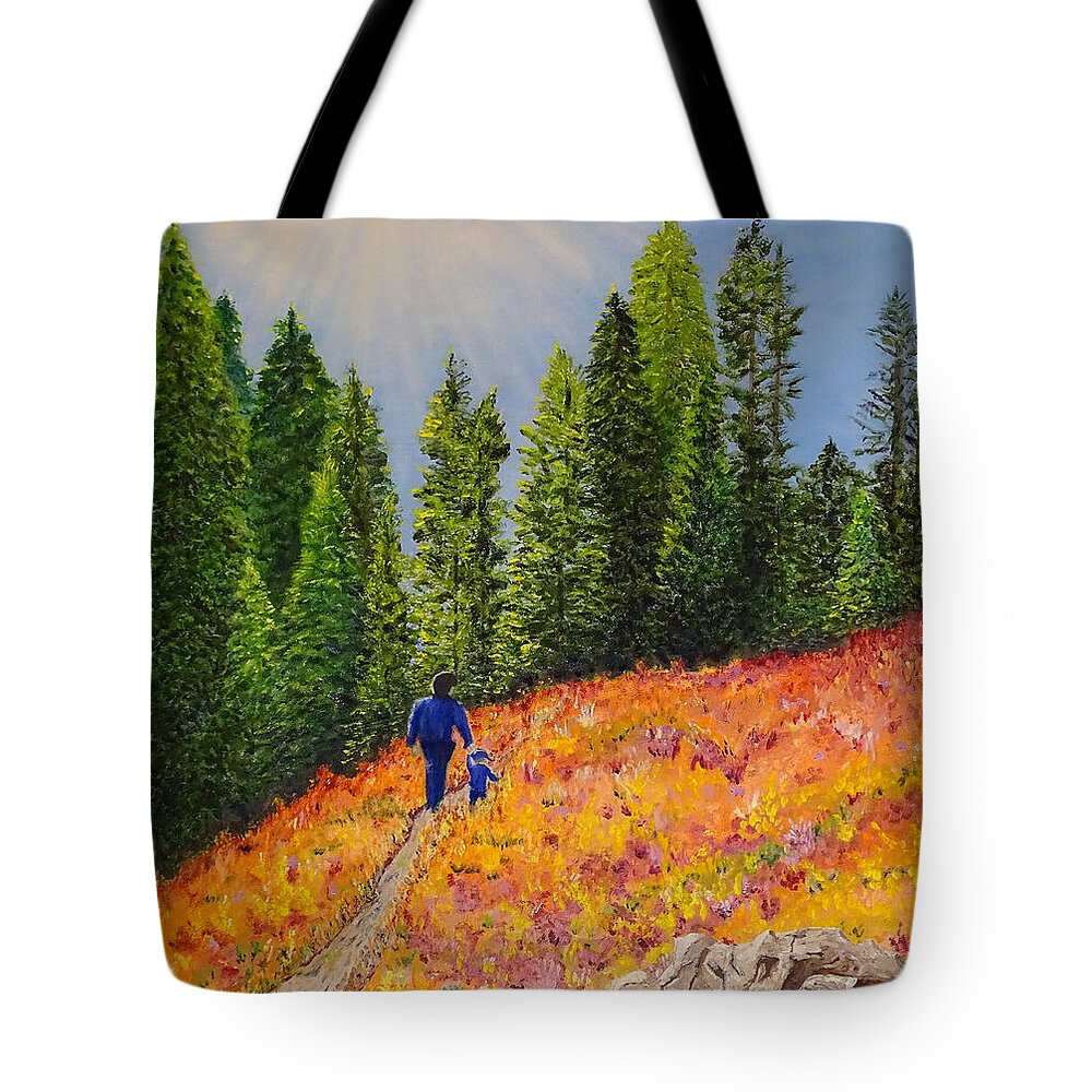 Eastern Oregon Tote Bag featuring the painting Hiking with Grandpa by Lisa Rose Musselwhite