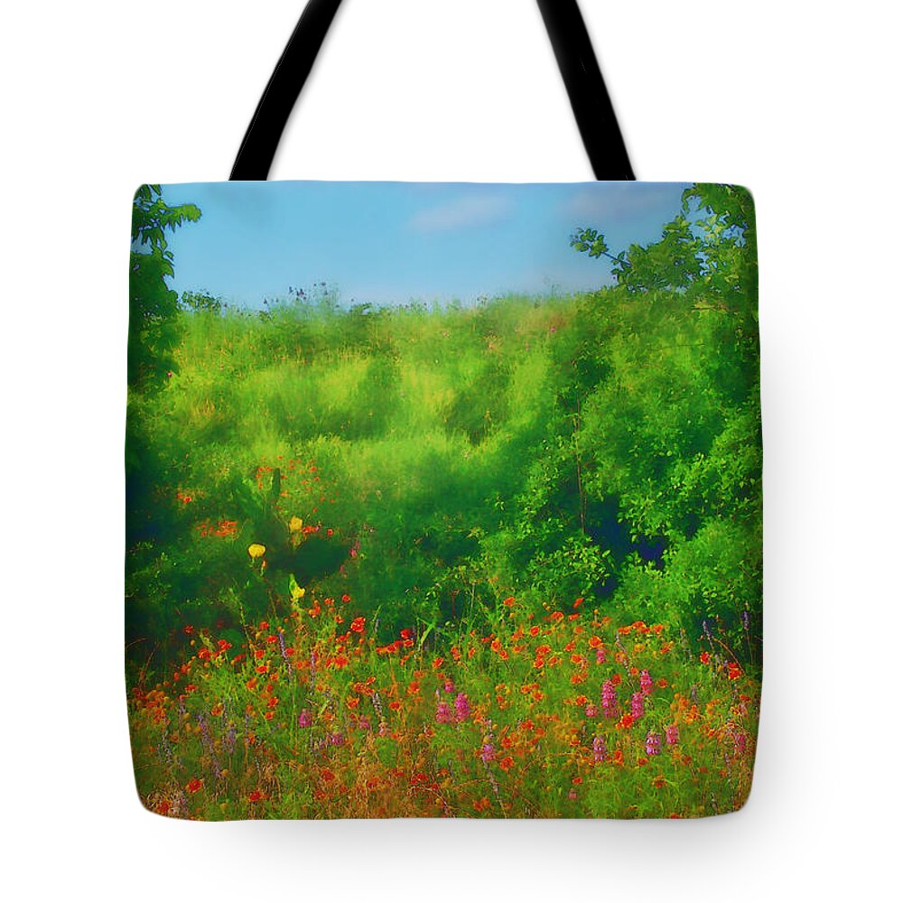 Hill Country Texas Scenic Tote Bag featuring the digital art Hill Country Texas Wildflower Fields by Pamela Smale Williams
