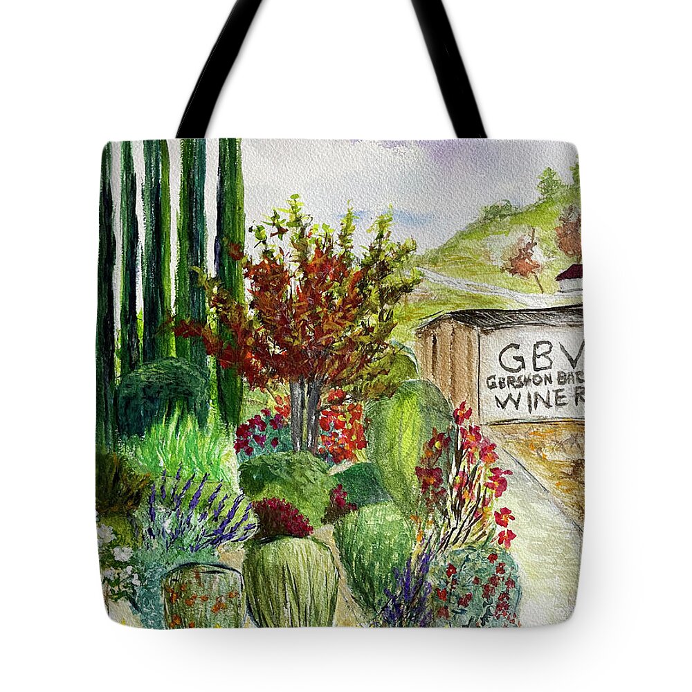 Gershon Bachus Vintners Tote Bag featuring the painting Hill to the Barrel Room at GBV by Roxy Rich