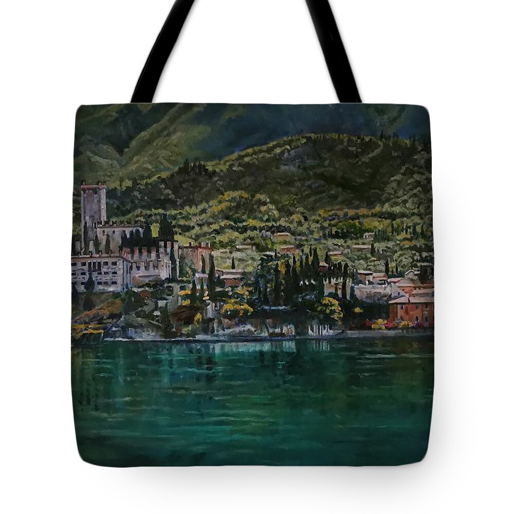 Lake Garda Tote Bag featuring the painting Hills and castle by Raouf Oderuth