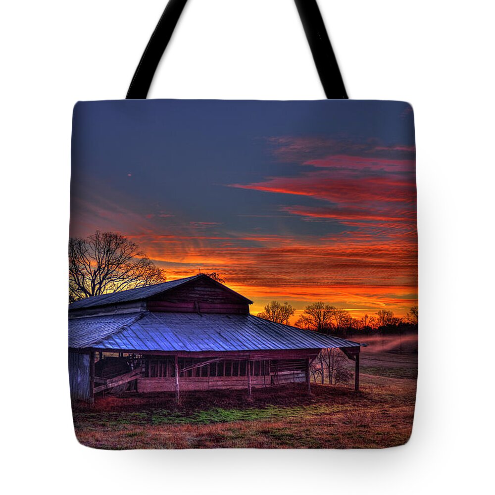 Reid Callaway Hisworks Sunrise Tote Bag featuring the photograph His Works Sunris 8 Hay Barn Farming Landscape Art by Reid Callaway