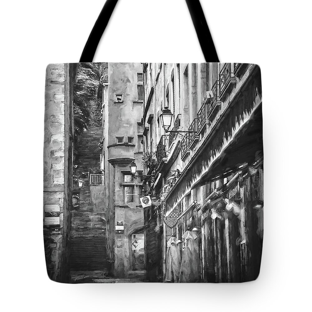 Lyon Tote Bag featuring the photograph Historic Street Scenes of Vieux Lyon Black and White by Carol Japp