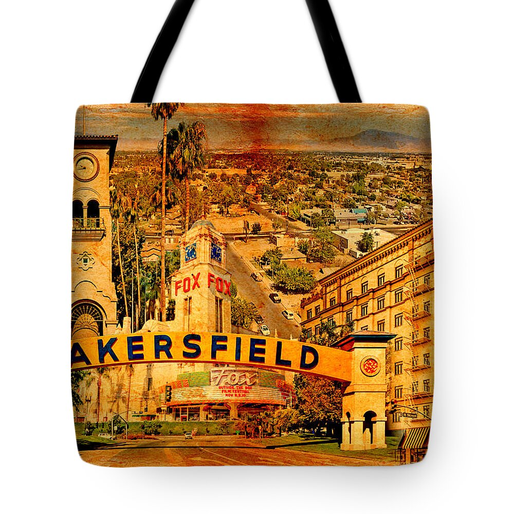 Bakersfield Tote Bag featuring the digital art Historical buildings of Bakersfield, California, blended on old paper by Nicko Prints