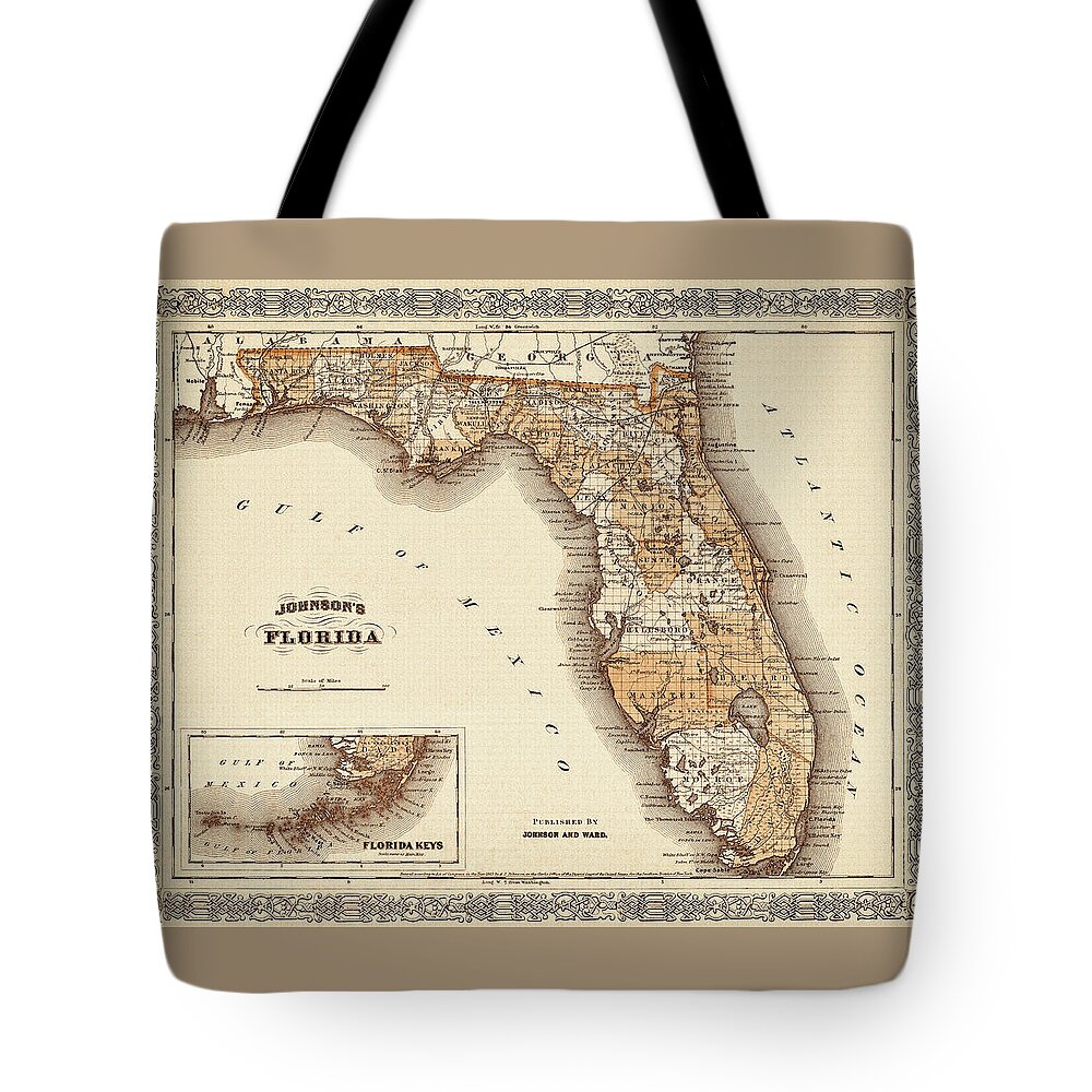 Florida Map Tote Bag featuring the photograph Historical Map of Florida 1866 Sepia by Carol Japp