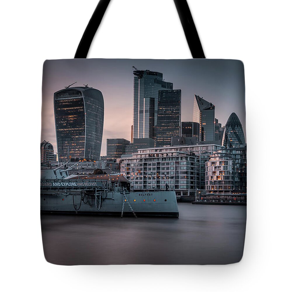 London Tote Bag featuring the photograph HMS Belfast and the City by Berangere Bentz