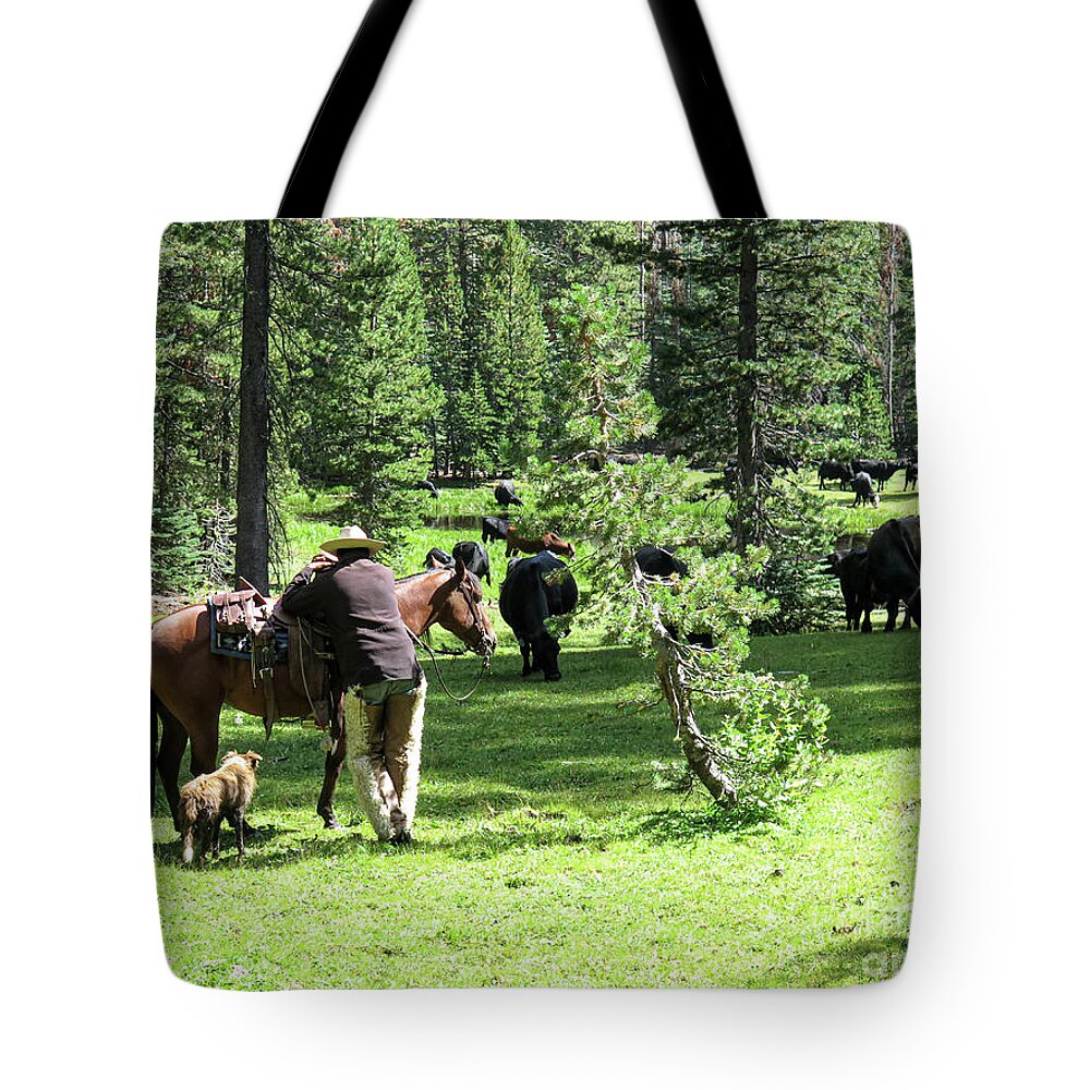 Cowboys Tote Bag featuring the photograph Holding Herd by Diane Bohna