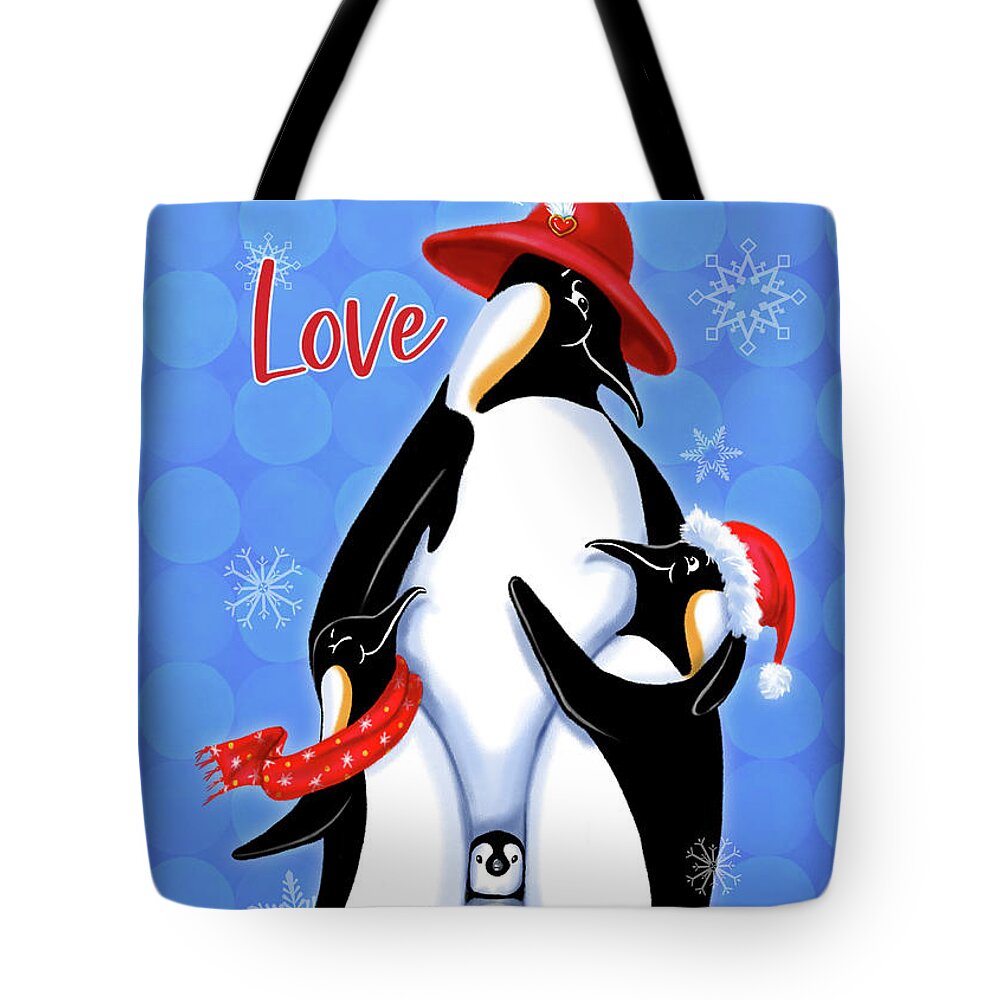 Christmas Tote Bag featuring the mixed media Holiday Penguins-Love by Shari Warren