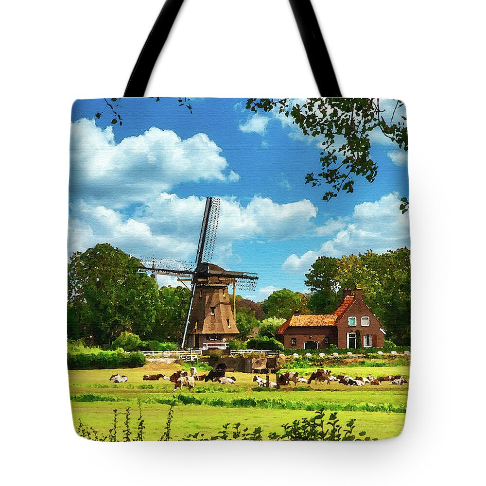 Holland Tote Bag featuring the digital art Holland Dairy Farm, Watercolor on Canvas by Ron Long Ltd Photography