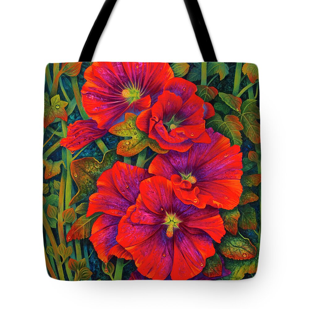 Flowers Tote Bag featuring the painting Hollyhocks - 3D by Ricardo Chavez-Mendez