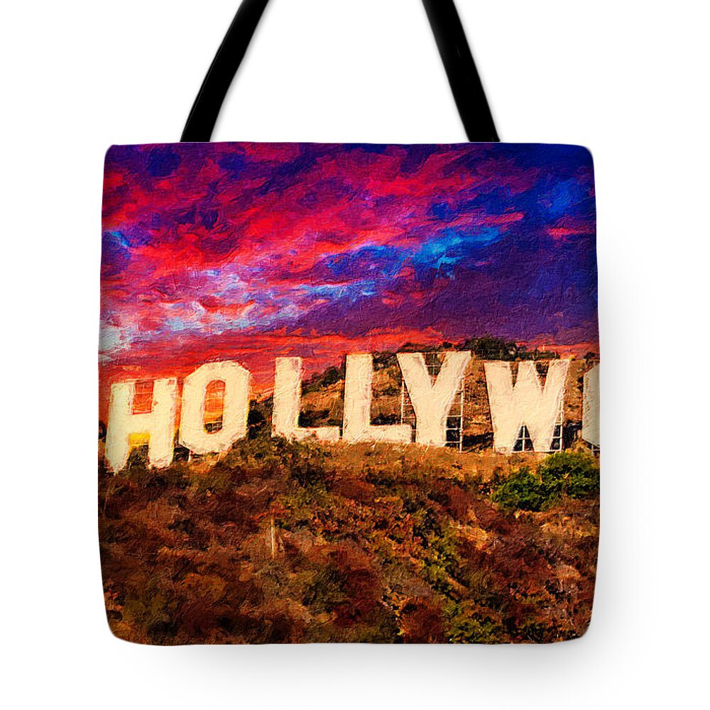 Hollywood Tote Bag featuring the digital art Hollywood sign in the sunset light with a dramatic sky - digital painting by Nicko Prints
