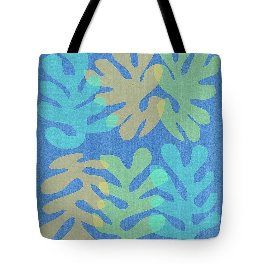 Mid Century Modern Tote Bag featuring the mixed media Homage to Matisse on Blue by Donna Mibus