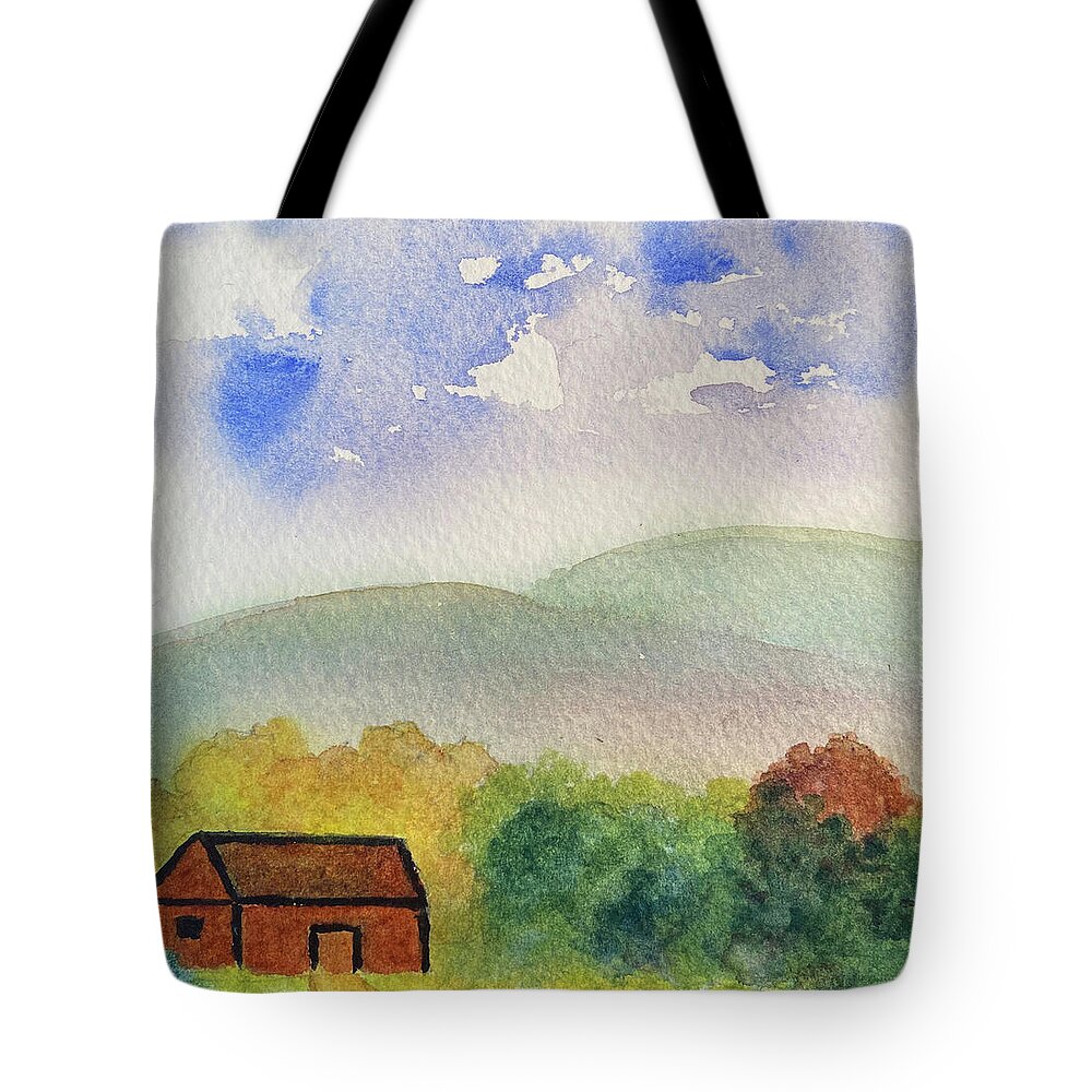 Berkshires Tote Bag featuring the painting Home Tucked Into Hill by Anne Katzeff
