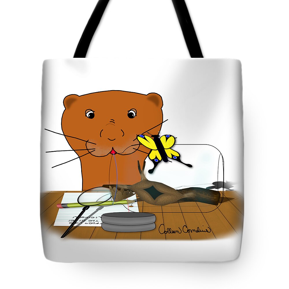 Oliver The Otter Tote Bag featuring the digital art Homeschooling Oliver The Otter - The Butterfly by Colleen Cornelius