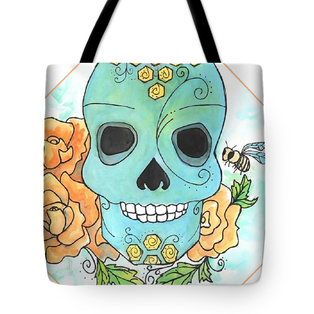 Sugar Skull Tote Bag featuring the mixed media Honeybee Sugar Skull by Expressions By Stephanie