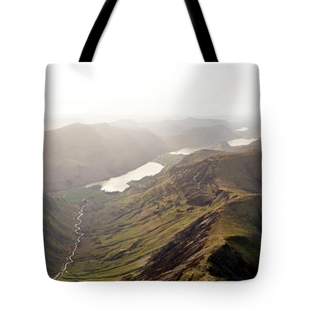 Panorama Tote Bag featuring the photograph Honistor Pass and Buttermere Valley Aerial Lake District by Sonny Ryse