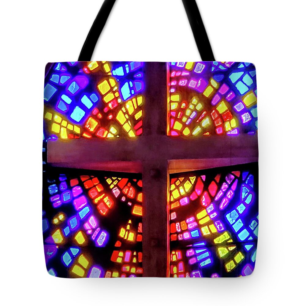Hope Cross Church Stained Glass Sunday Colorful Religion Religious Tote Bag featuring the photograph Hope by Nora Martinez
