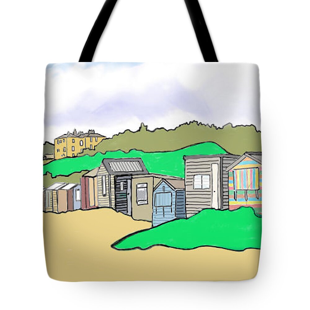 Hopeman Tote Bag featuring the digital art Hopeman Beach Huts by John Mckenzie