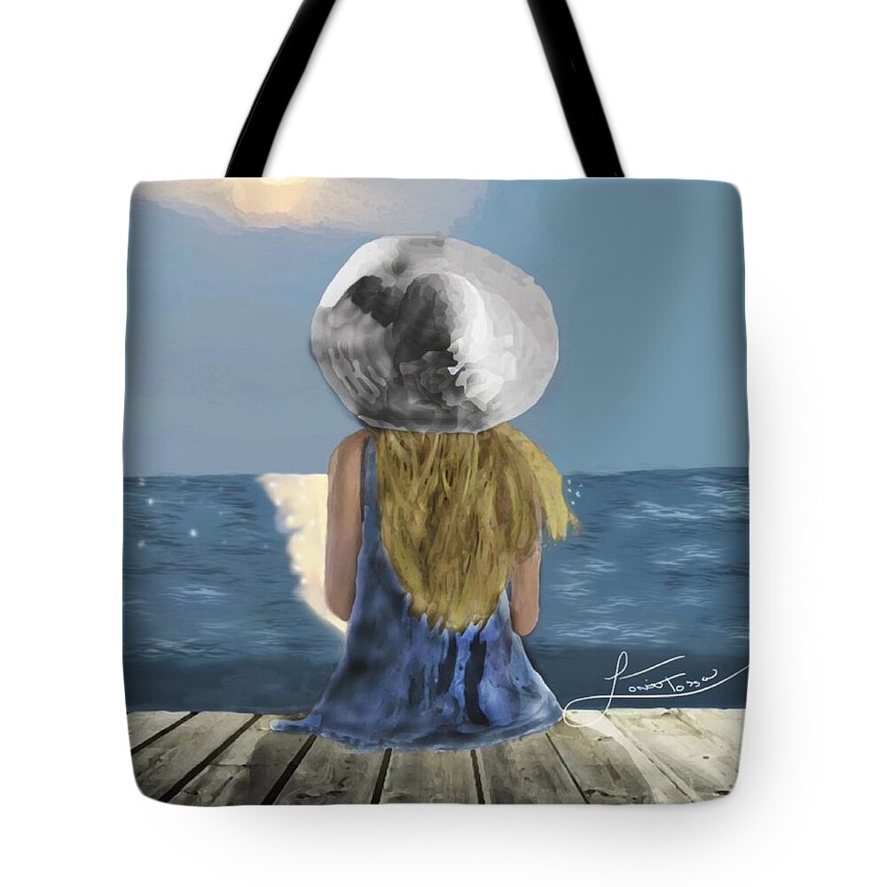 Girl Hat Sunset Dock Whimsical Sunset Ocean Waves Tote Bag featuring the mixed media Hopes and Dreams by Lorie Fossa