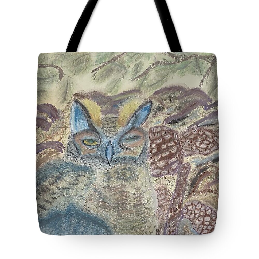 Horned Owl Tote Bag featuring the pastel Horned Owl Nesting by Suzanne Berthier