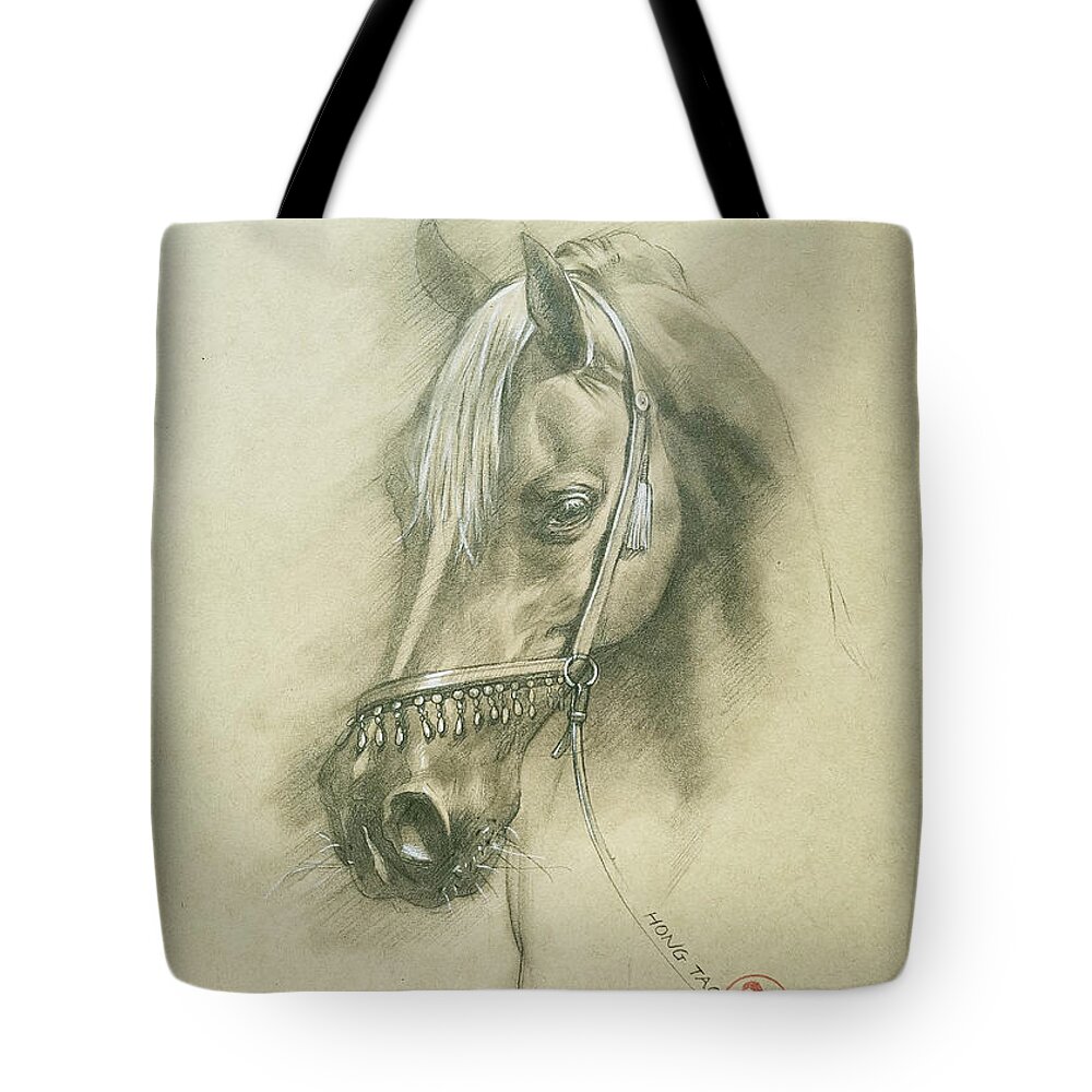 Drawing Tote Bag featuring the drawing Horse #22088 by Hongtao Huang