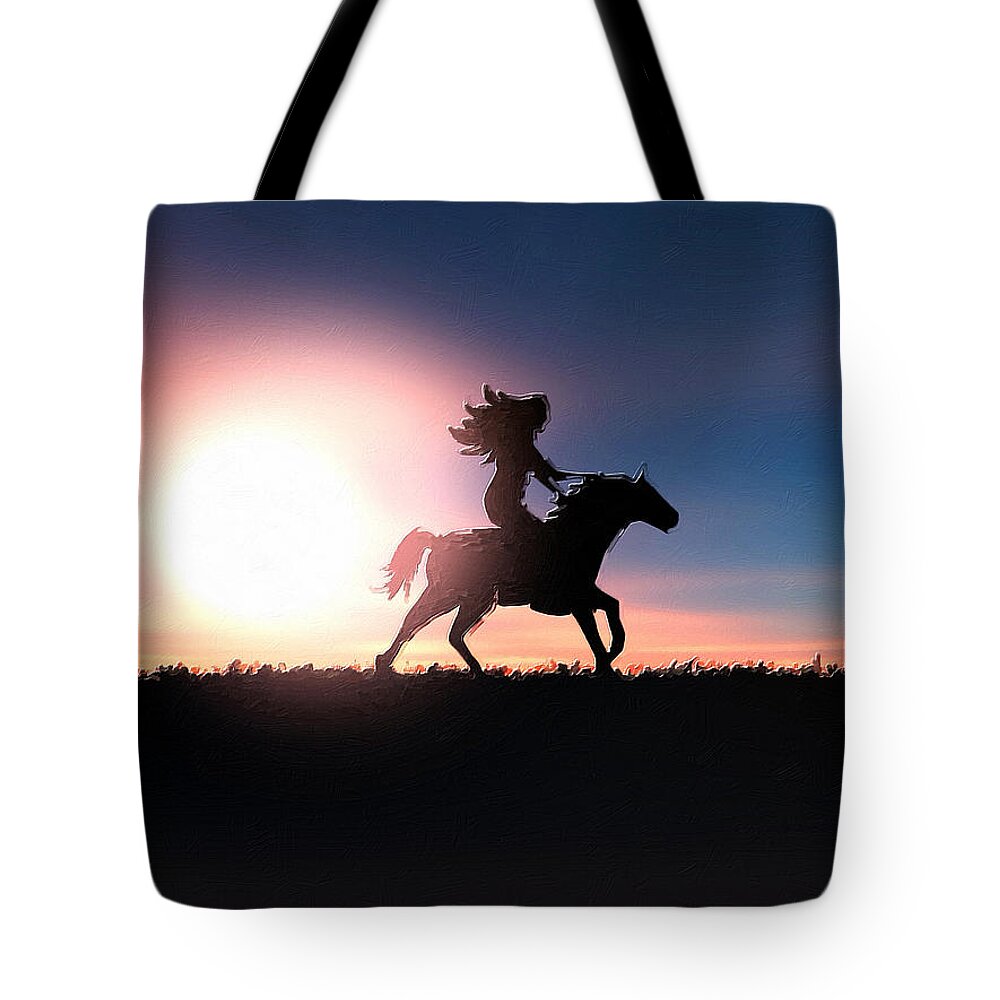 Horse Tote Bag featuring the painting Horse Rider Sunset The West by Tony Rubino