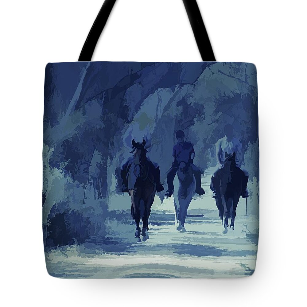Benalla Tote Bag featuring the mixed media Horse Riding The Reef Hills State Park Tracks by Joan Stratton
