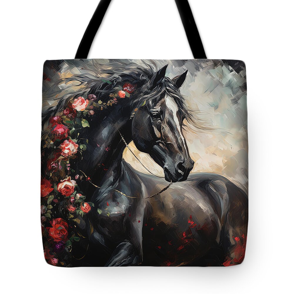 Horse With Roses Tote Bag featuring the painting Horse with Flowers Paintings by Lourry Legarde