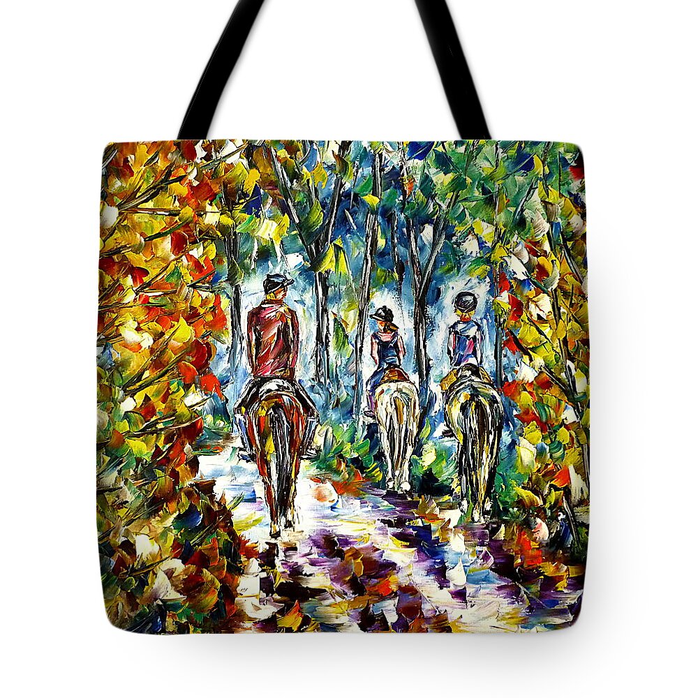 Family Ride Tote Bag featuring the painting Horseback Ride by Mirek Kuzniar