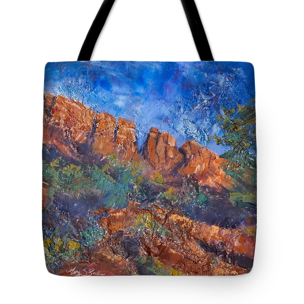 Outdoors Tote Bag featuring the painting Horsetooth Sonata by Mary Benke