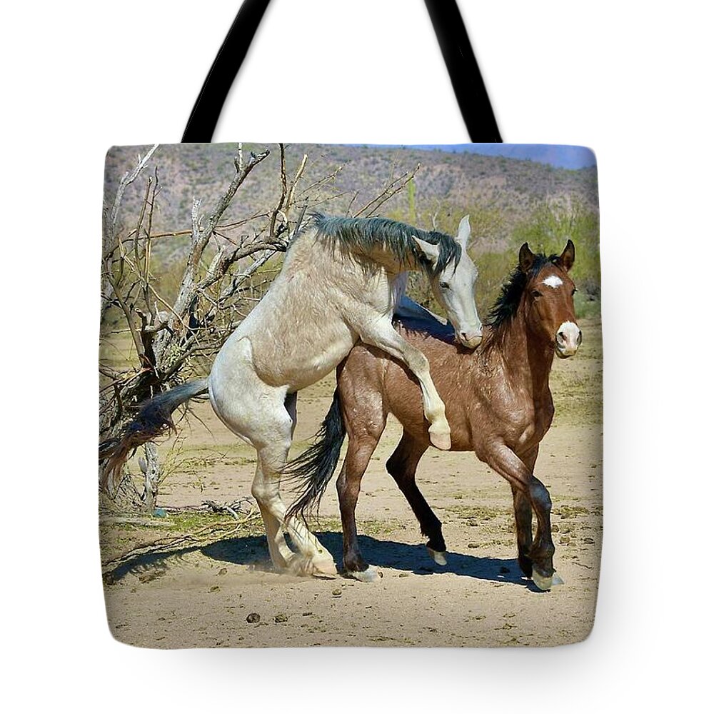 Salt River Wild Horse Tote Bag featuring the digital art Horsin Around by Tammy Keyes