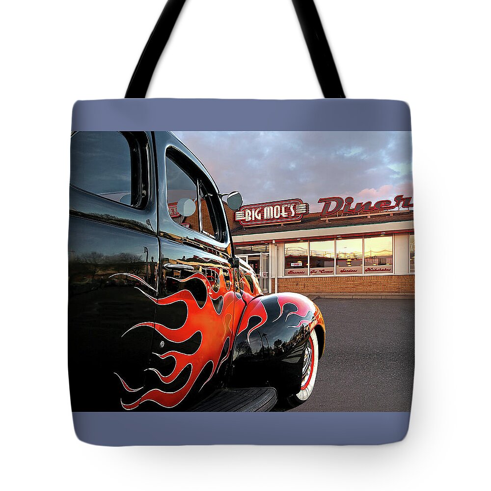 Ford Coupe Tote Bag featuring the photograph Hot Rod At The Diner At Sunset by Gill Billington