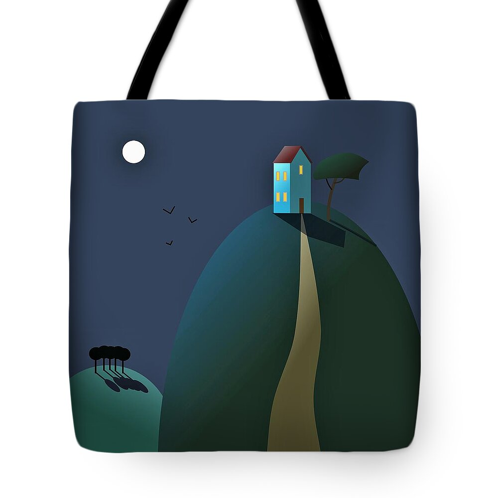 Landscape Tote Bag featuring the digital art House at the top of the hill by Fatline Graphic Art