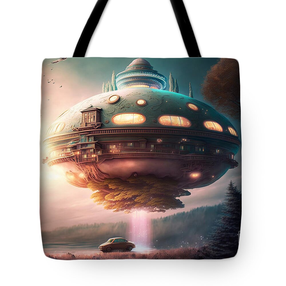 Hovering Ufo Tote Bag featuring the mixed media Hovering UFO XII by Jay Schankman