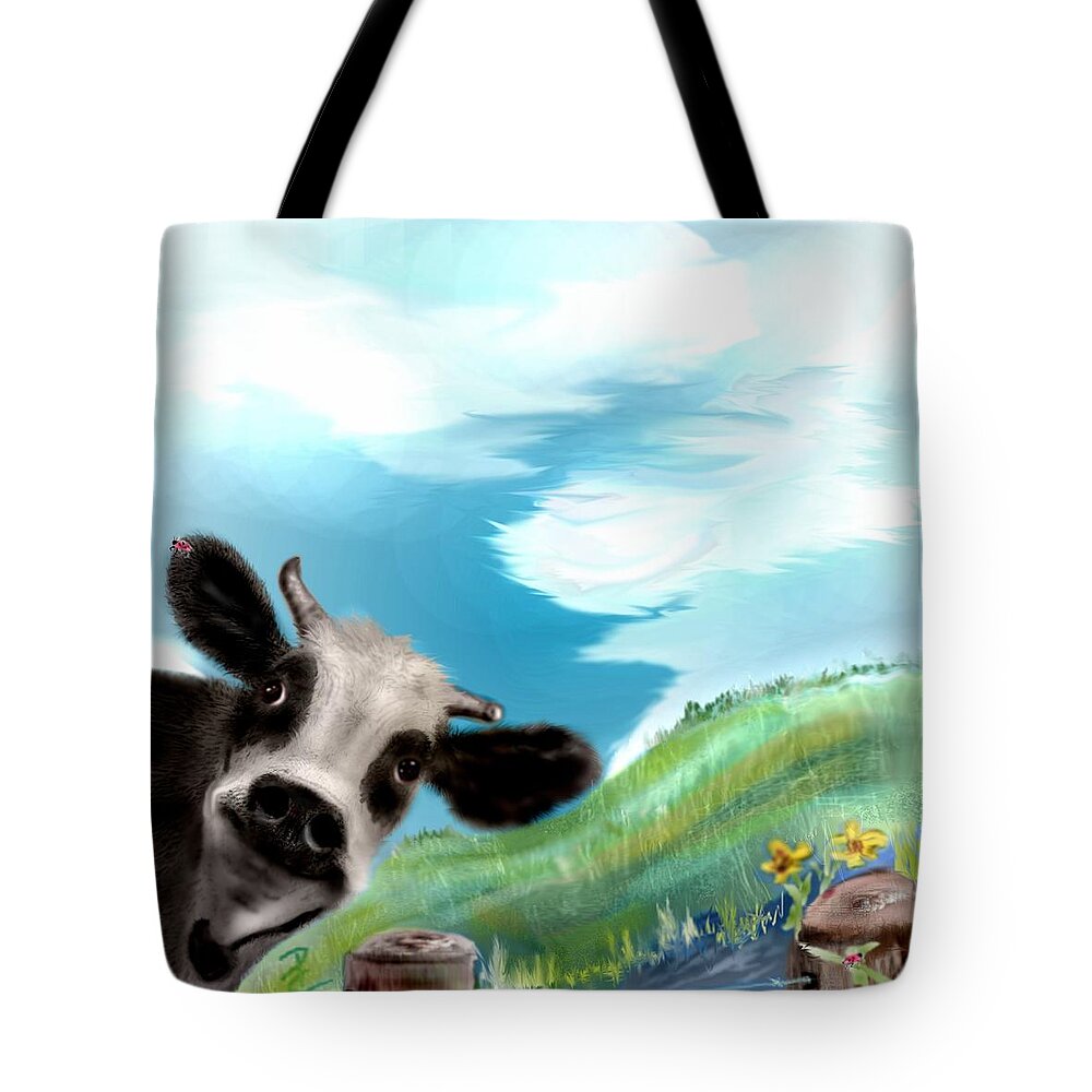 Cow Mountaings Flowers Cute Cow Tote Bag featuring the mixed media How now Brown Cow by Pamela Calhoun