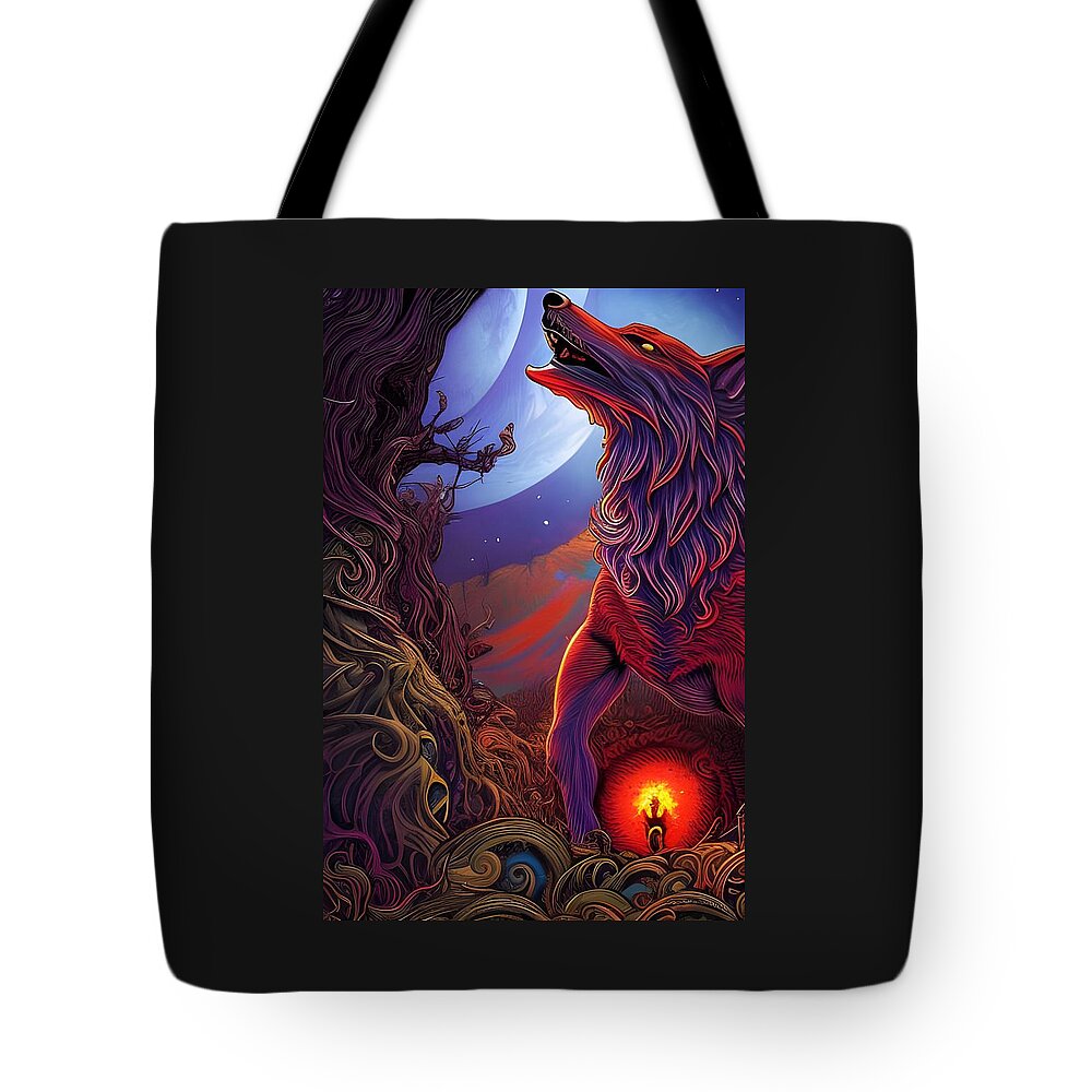 Wolf Tote Bag featuring the digital art Howling Wolf Rooted Under The Moon by Jason Denis
