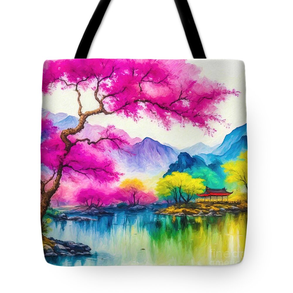 Art Tote Bag featuring the painting Hues of Autumn on the Lakeshore by Digitly