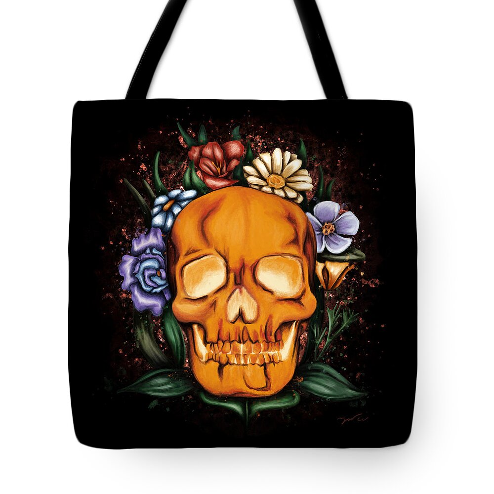 Human Skull Tote Bag featuring the painting Human skull painting, Skull and flowers by Nadia CHEVREL