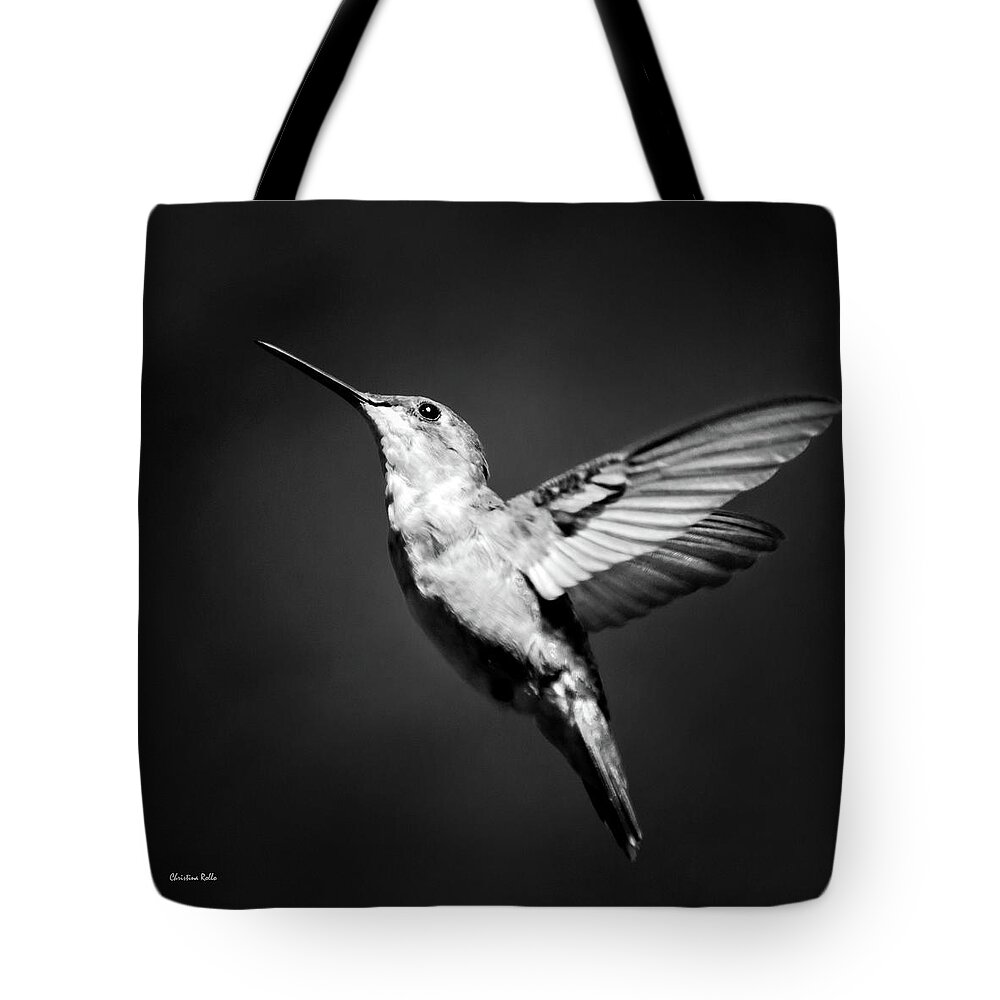 Hummingbird Tote Bag featuring the photograph Hummingbird Flight Bw Square by Christina Rollo
