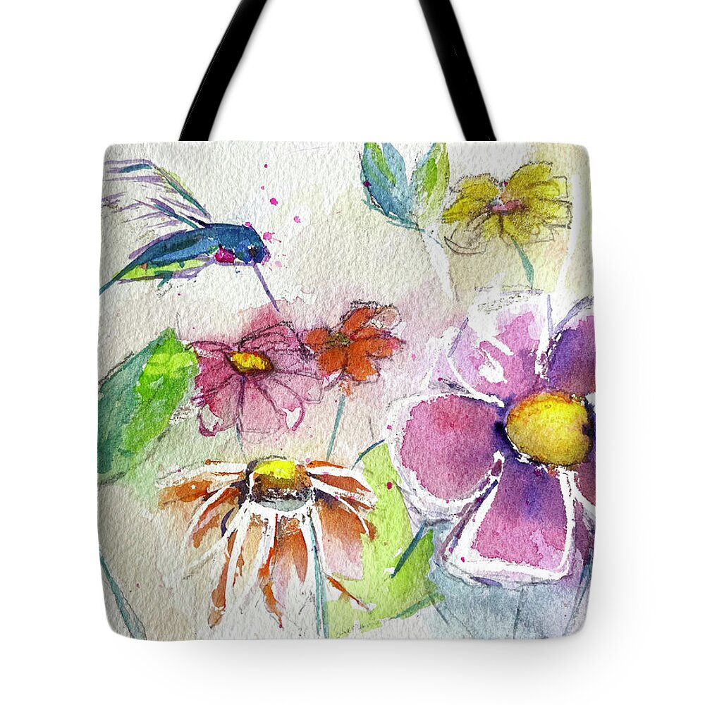Watercolor Tote Bag featuring the painting Hummingbird in the Garden by Roxy Rich