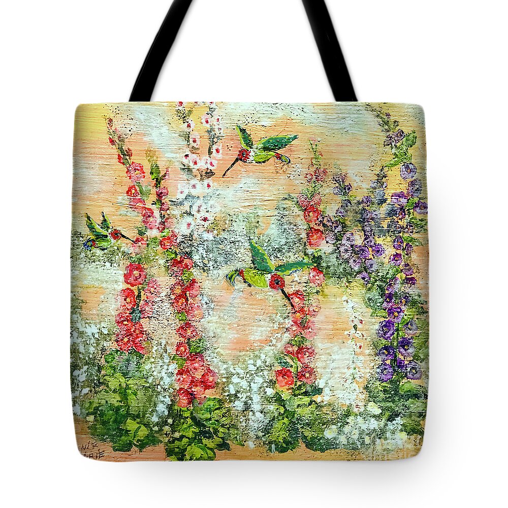 Hummingbirds Tote Bag featuring the painting Hummingbirds playing on a misty morn in Summer by Bonnie Marie