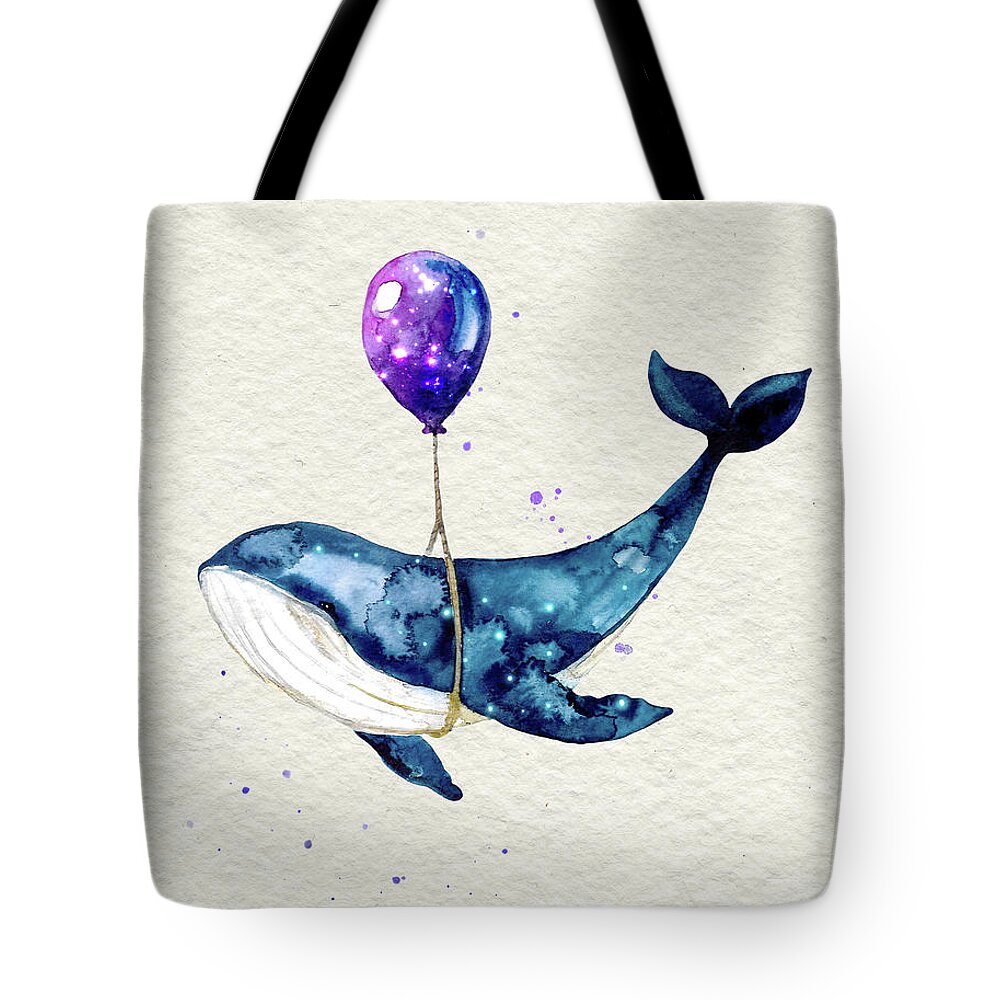 Humpback Whale Tote Bag featuring the painting Humpback Whale With Purple Balloon Watercolor Painting by Garden Of Delights