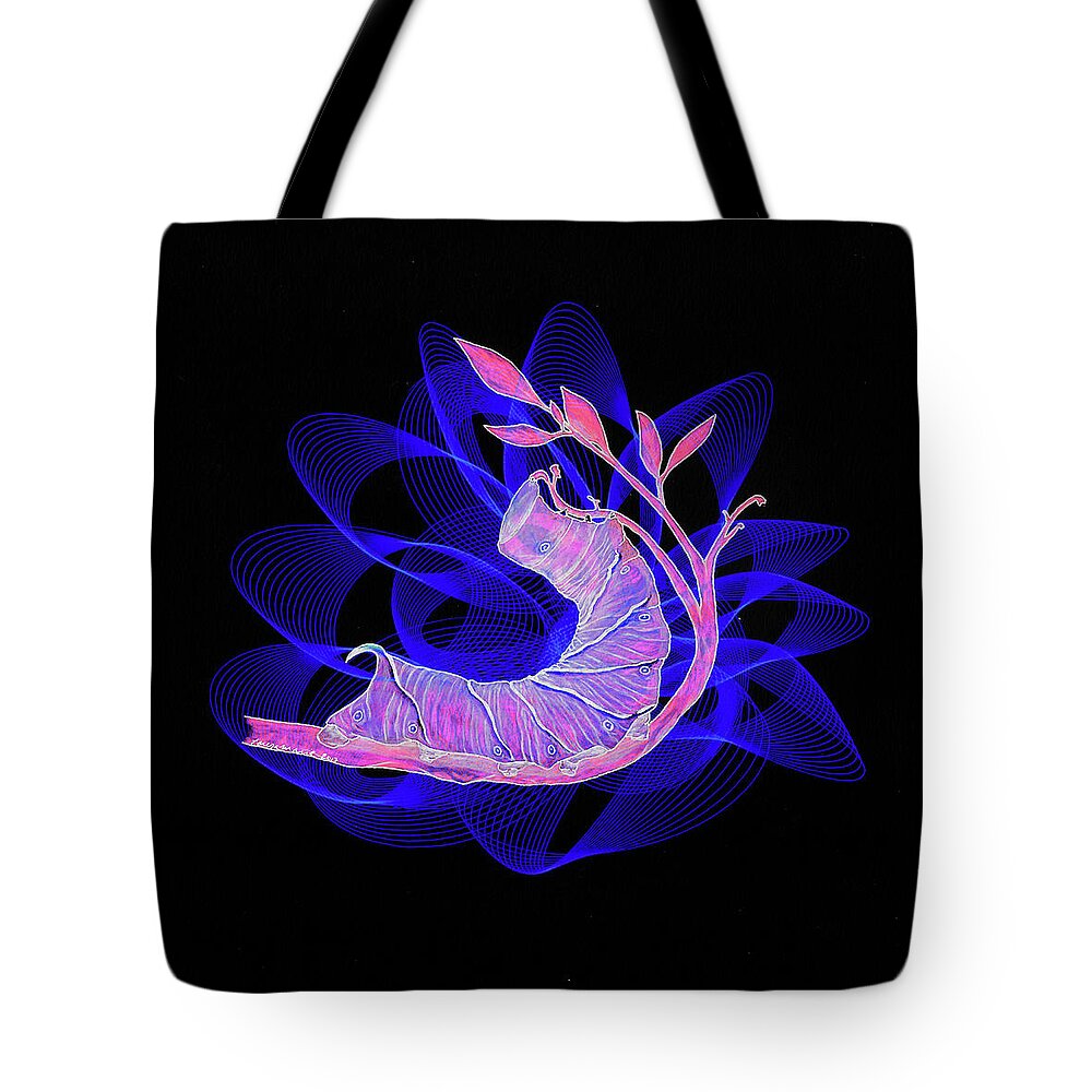 Hornworm Tote Bag featuring the drawing Hungry Hornworm Eating into the Night by Teresamarie Yawn