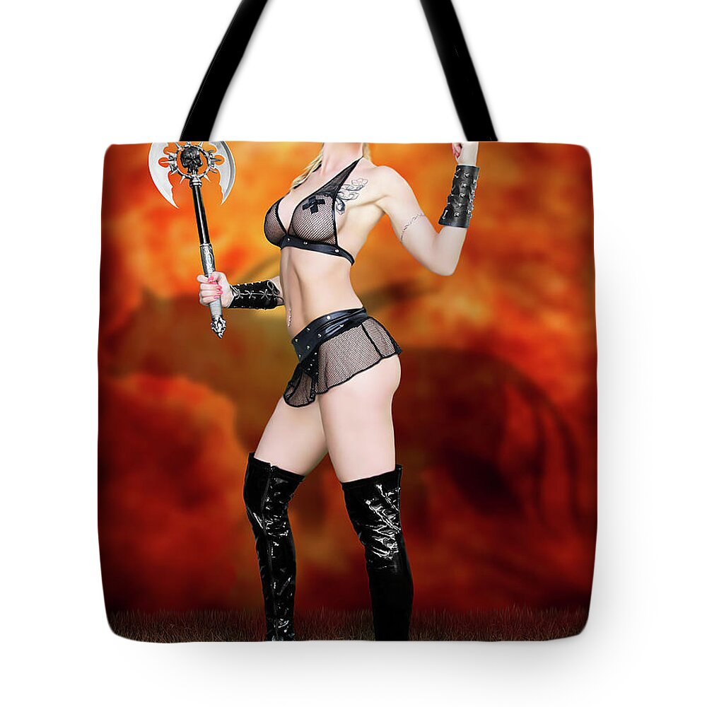 Cosplay Tote Bag featuring the photograph Huntress in the Jungle Of Blood by Jon Volden