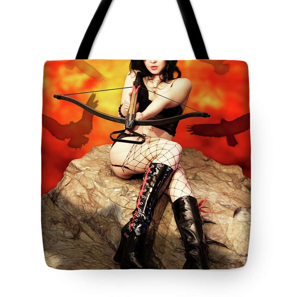 Cosplay Tote Bag featuring the photograph Huntress Of Striga Mountain by Jon Volden
